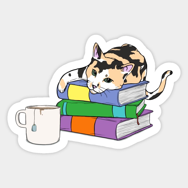 Cookie Dough with Books and Tea S1E1 | Calico Cat, Reading, Mug Sticker by Koala and the Bird